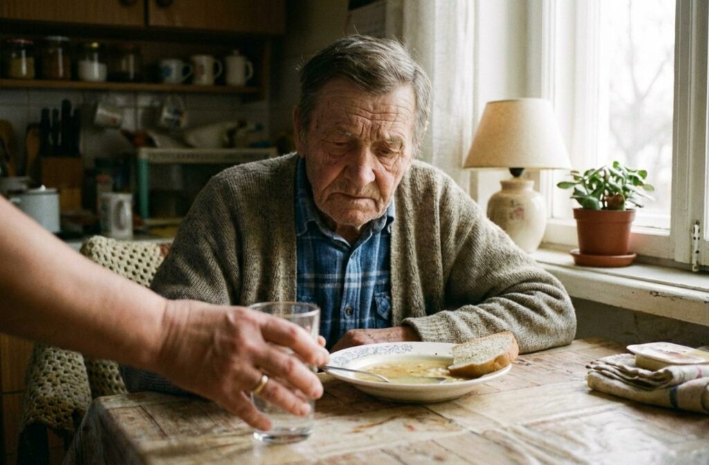senior sits at a table in front of an empty plate