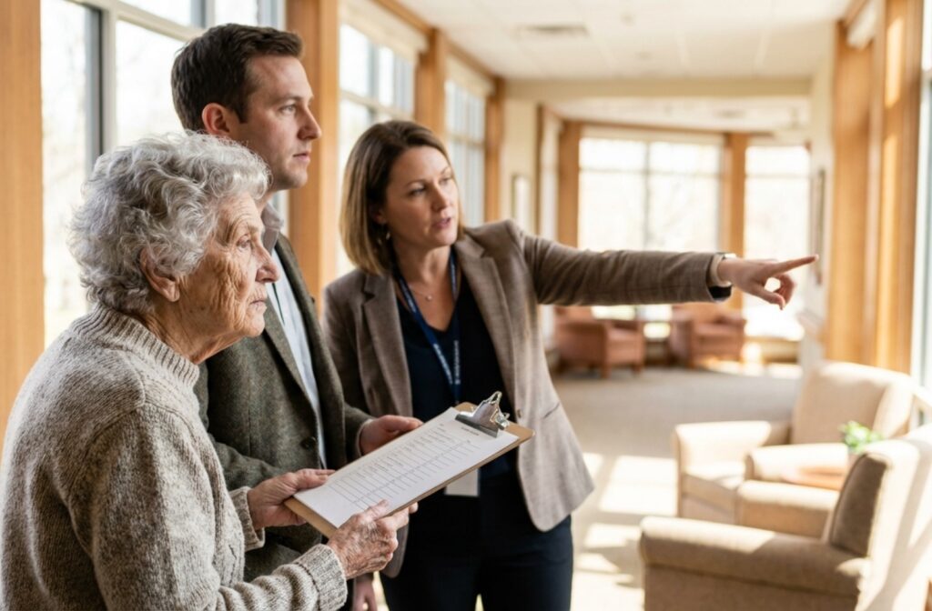 A senior individual and younger adult holding a checklist speak with a staff member during a tour of a bright assisted living community.