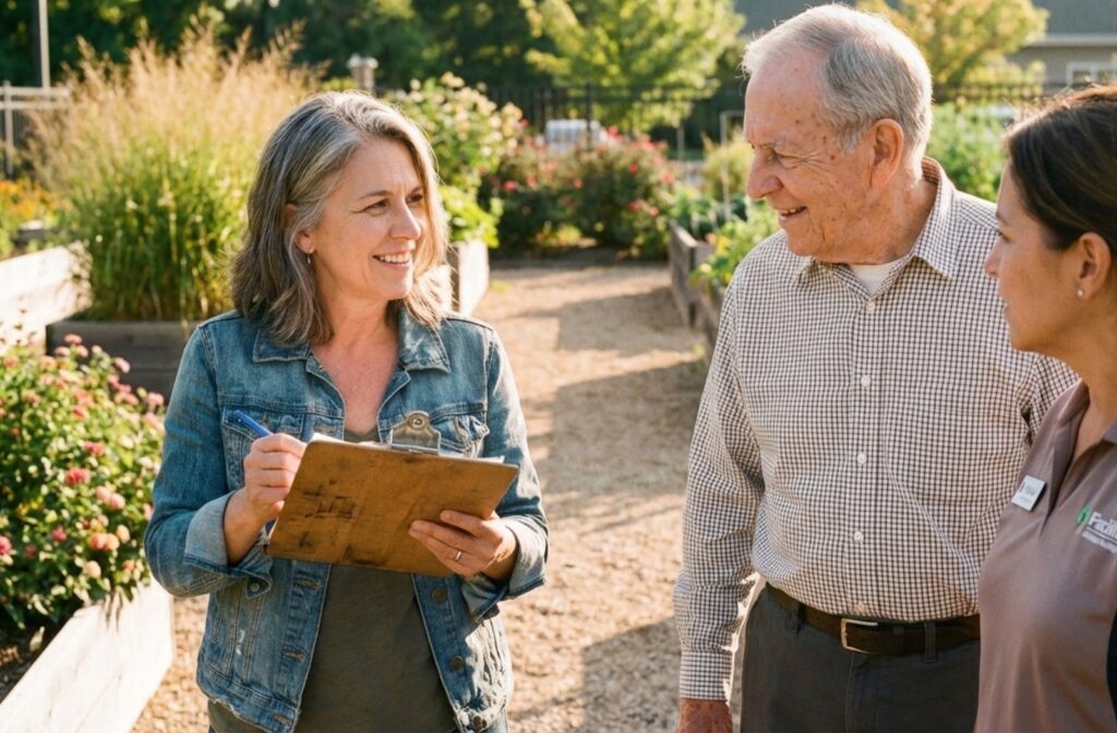 An adult with a clipboard talks to a guide and a senior in a sunny assisted living facility garden.
