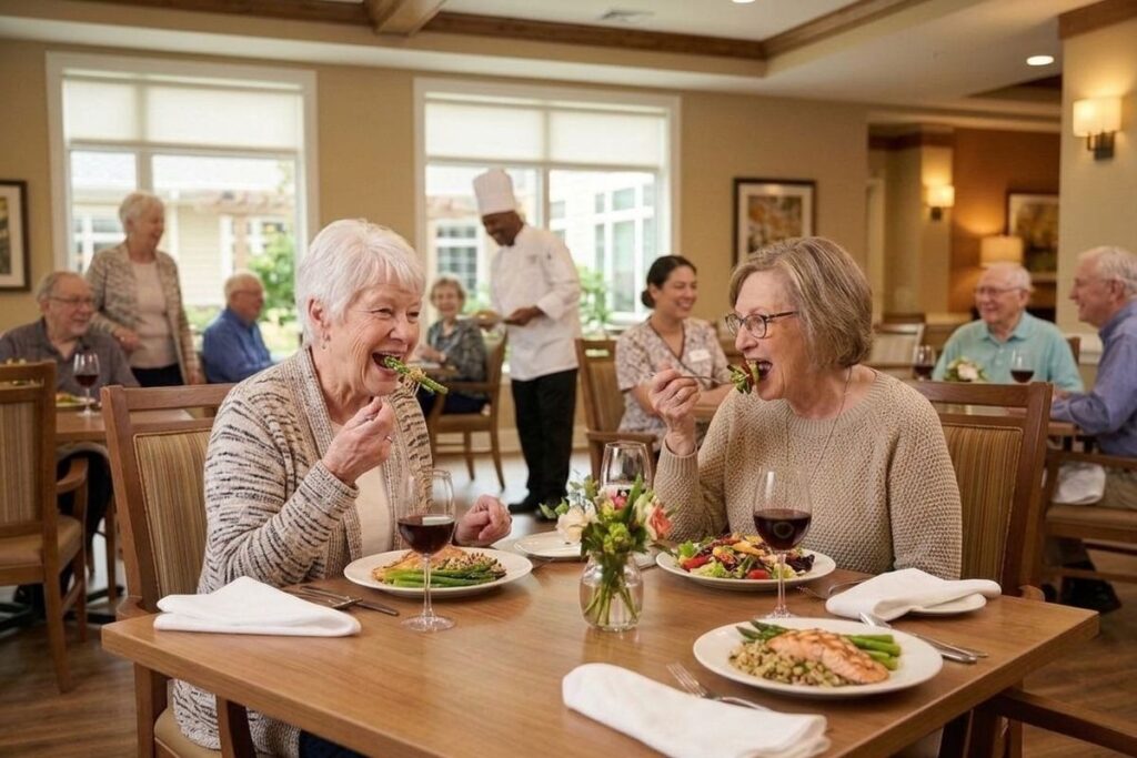 Two smiling older adults eat salmon and asparagus with red wine at a dining room table. A chef and other diners are in the background.