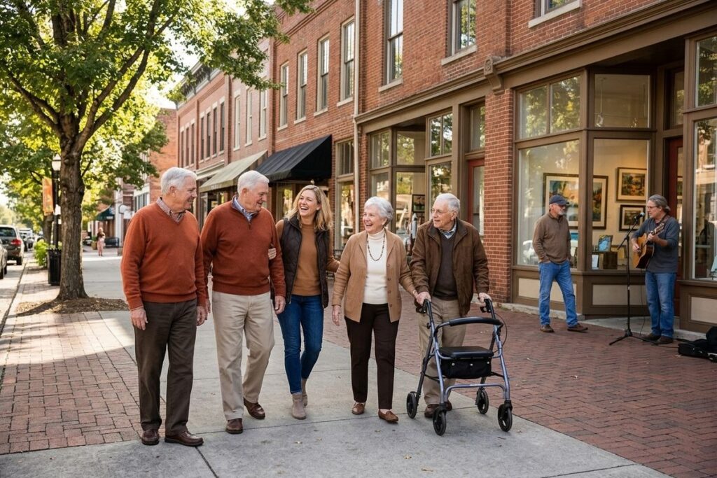 A group of smiling older adults walks together along a sidewalk lined with brick storefronts, including a senior aided by a rolling walker.
