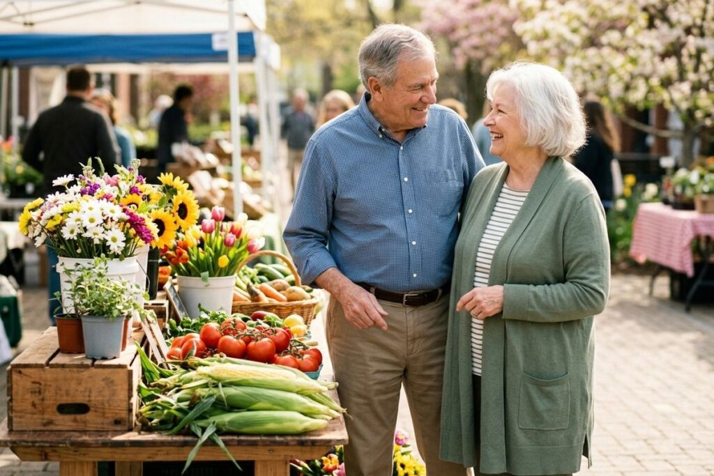 An older adult couple smiles at each other as they approach a wooden table displaying fresh corn, tomatoes, and flowers at an outdoor farmers' market.