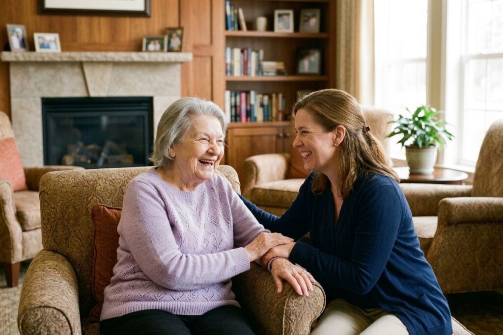 A smiling older adult sits in an armchair, holding hands and laughing with a younger family member beside them in a living room.